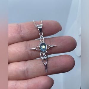 Sterling Silver Celtic Cross Blue Topaz Necklace